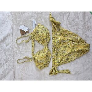Volcom Everything Bud VNeck Bikini‎ Set Yellow Floral Recycled Swimsuit XL NEW